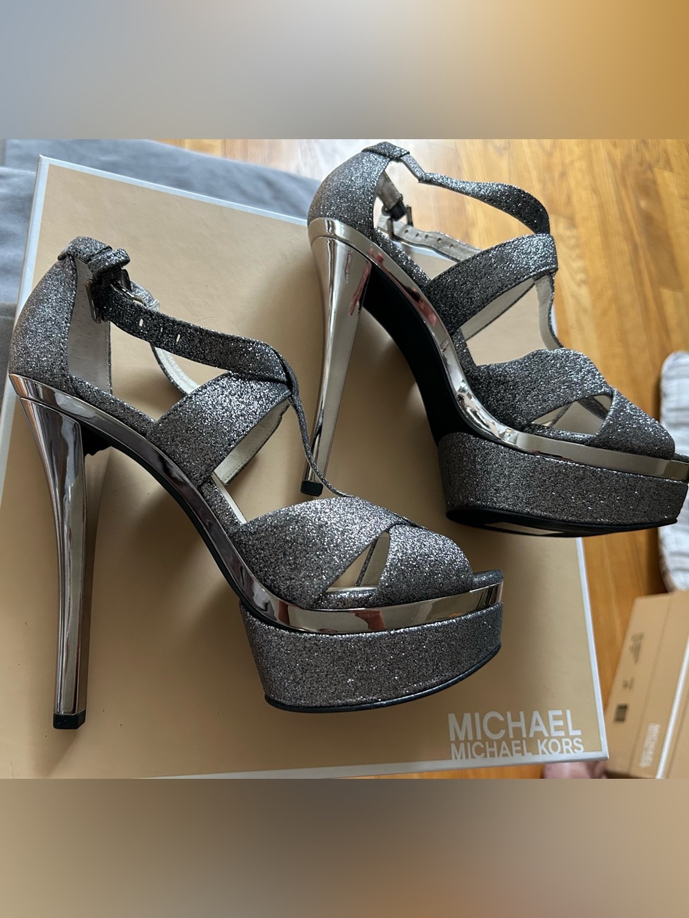 Michael Kors Gideon T Strappy Glitter Mirror GunMetal Silver Platform High Heels